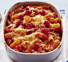 Tomato pasta bake topped with cheese